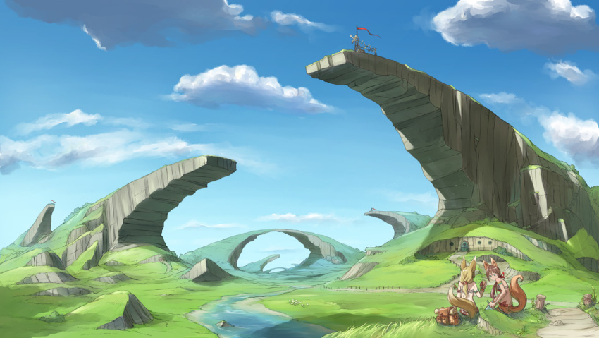 2girls animal_ears arch armband backpack bag bandeau blonde_hair brown_hair cliff clouds dirt_road flag from_behind grass landscape long_hair multiple_girls nukomasu original outdoors ponytail river road scenery sky tail windmill