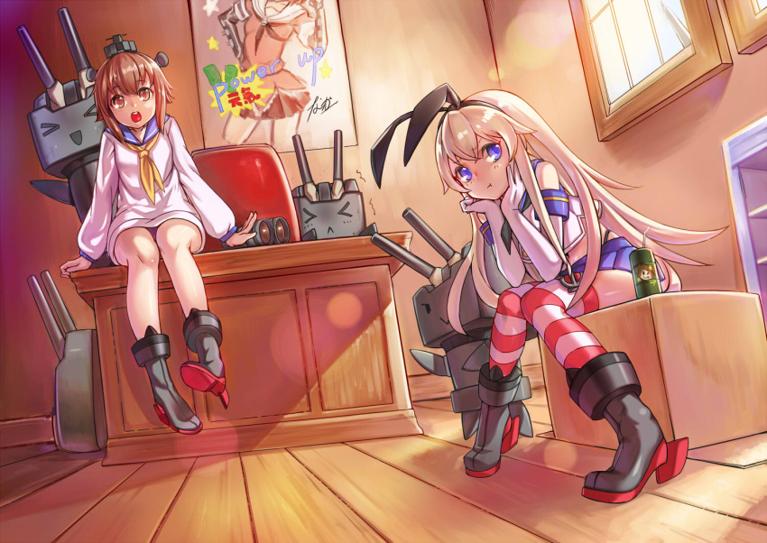 2girls anchor anchor_hair_ornament ankle_boots black_panties blonde_hair boots brown_eyes brown_hair elbow_gloves gloves grey_boots hair_ornament hairband hands_on_own_cheeks hands_on_own_face kantai_collection long_hair looking_at_viewer multiple_girls naka_(kantai_collection) open_mouth panties rensouhou-chan revision sailor_dress shennai_misha shimakaze_(kantai_collection) short_hair skirt striped striped_legwear thigh-highs underwear white_gloves yukikaze_(kantai_collection)