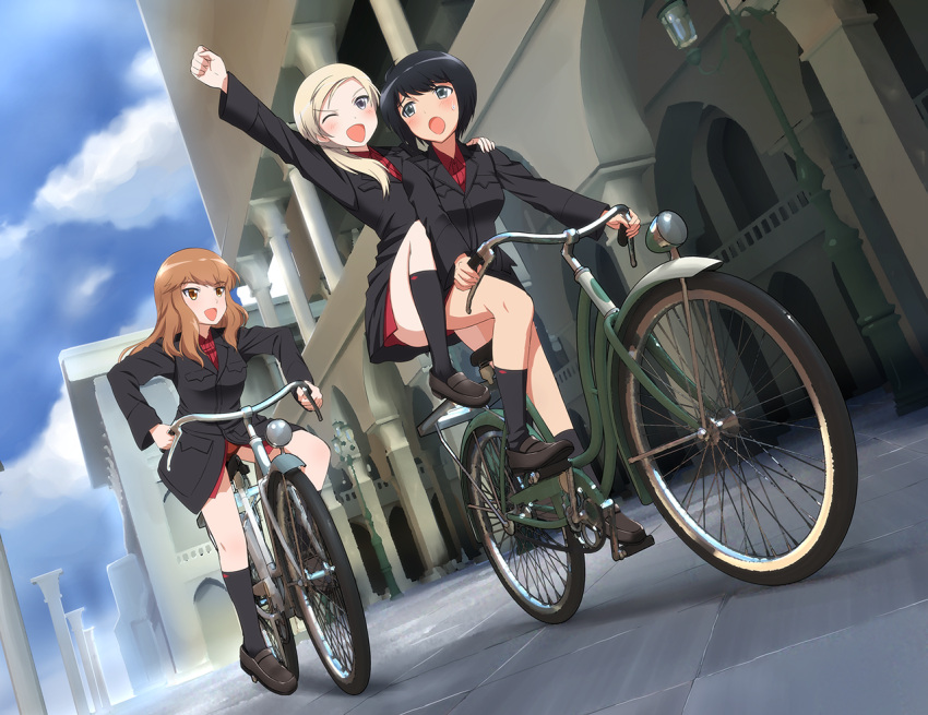 3girls :d ;d bicycle black_hair blonde_hair blush brown_eyes brown_hair building collared_shirt fernandia_malvezzi grey_eyes kaneko_(novram58) loafers long_hair looking_at_another luciana_mazzei martina_crespi military military_uniform multiple_girls one_eye_closed open_mouth panties ponytail red_panties riding shoes short_hair smile strike_witches sweatdrop underwear uniform violet_eyes