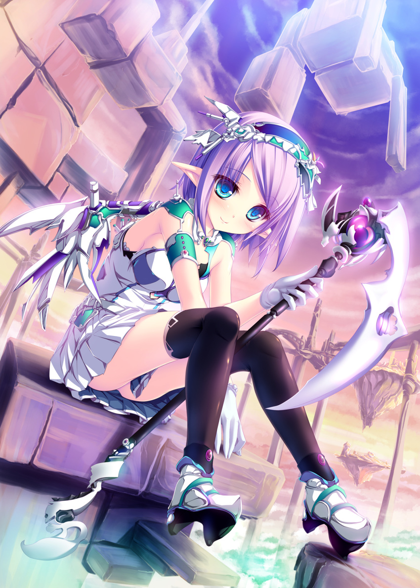 1girl blue_eyes dutch_angle elf highres holding looking_at_viewer mechanical_wings original pointy_ears purple_hair scythe short_hair sitting smile solo tenmaso wings