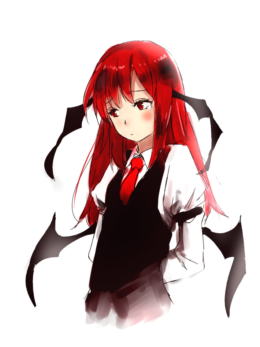 1girl :/ armband arms_behind_back bat_wings blush bust dress_shirt head_wings highres koakuma long_hair long_sleeves looking_away low_wings nagata_nagato necktie red_eyes redhead shirt simple_background solo tears touhou vest white_background white_shirt wings