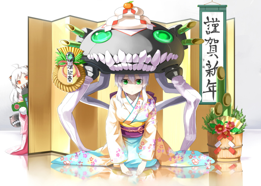 2girls alternate_costume amber_eyes around_corner emerane fangs floral_print green_eyes ha-class_destroyer happy_new_year hat horns japanese_clothes kagami_mochi kantai_collection kimono long_sleeves multiple_girls new_year northern_ocean_hime obi reppuu_(kantai_collection) sash seiza shinkaisei-kan sign silver_hair sitting tentacles translated v_arms wide_sleeves wo-class_aircraft_carrier