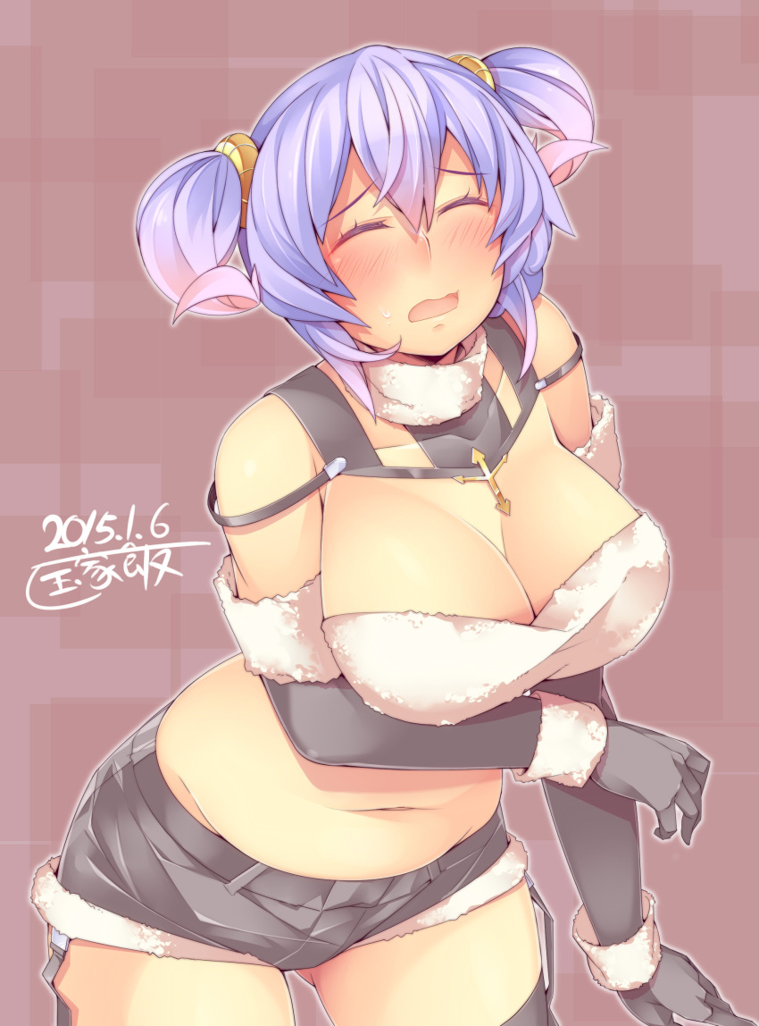 1girl 2015 absurdres alternate_hairstyle blush breasts choker cleavage closed_eyes dated elbow_gloves fur_trim gloves highres horns kokka_han large_breasts letty_whiterock midriff navel open_mouth plump short_shorts short_twintails shorts solo thigh-highs touhou twintails wool