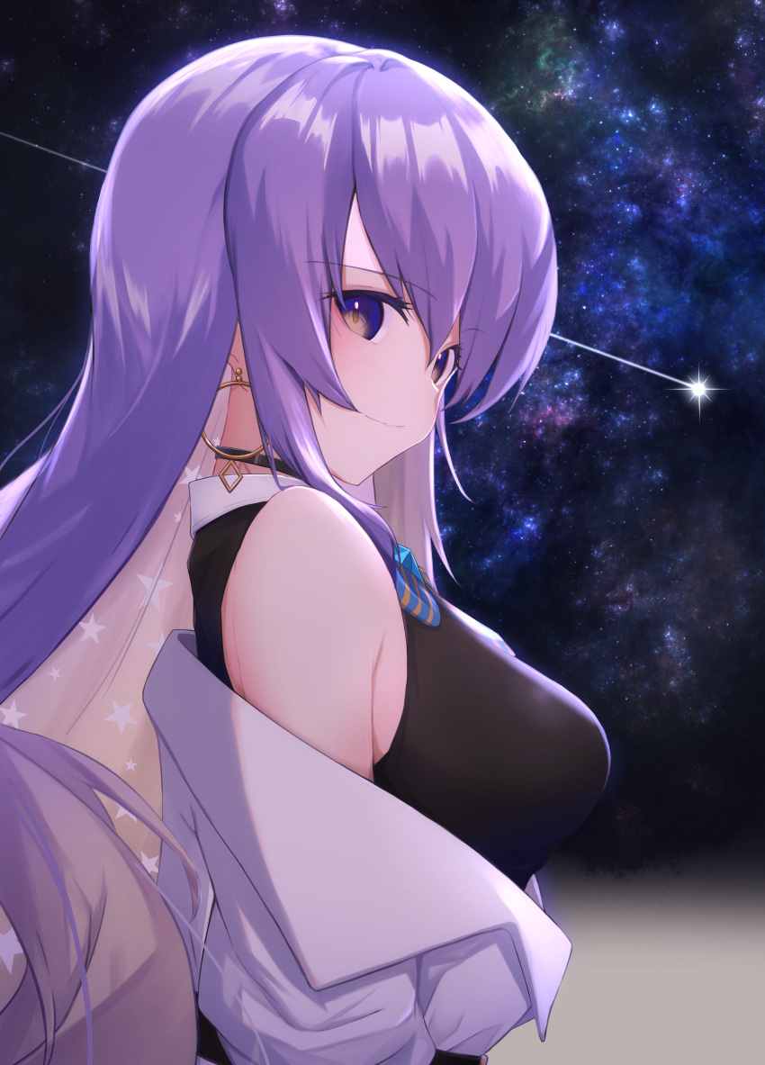 1girl absurdres belt black_shirt blonde_hair breasts collared_shirt colored_inner_hair commentary earrings falling_star from_side highres hololive hololive_indonesia jacket jewelry large_breasts long_hair mikaku moona_hoshinova multicolored_hair night off_shoulder purple_hair shirt sky sleeveless sleeveless_shirt smile solo star_(sky) starry_sky two-tone_hair violet_eyes virtual_youtuber white_jacket