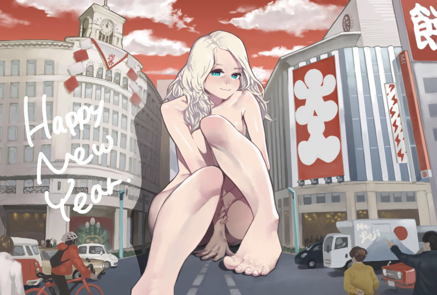 1girl 2015 barefoot bicycle blue_eyes car city giantess ginza_(tokyo) ginza_wako happy_new_year highres legs long_hair motor_vehicle new_year nude original real_world_location sitting sky smile solo_focus tani_(sgt_epper) tokyo_(city) vehicle white_hair