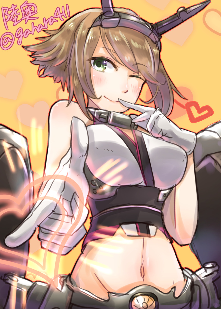 1girl bare_shoulders brown_hair crop_top finger_to_mouth green_eyes headgear heart highres kantai_collection looking_at_viewer midriff miniskirt mutsu_(kantai_collection) one_eye_closed orange_background pointing pointing_at_viewer short_hair skirt solo toshi_gahara turret