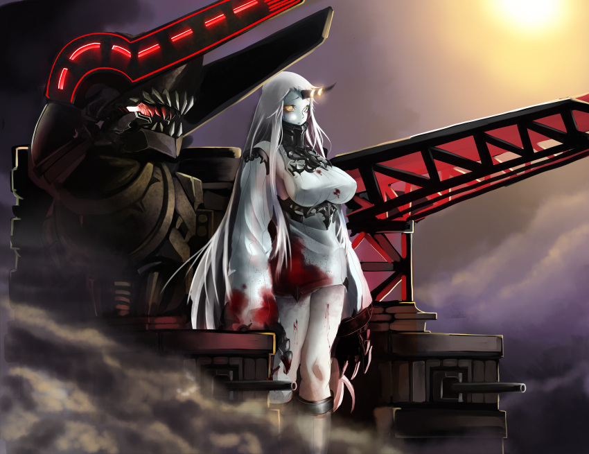 1girl absurdres blood bloody_clothes breasts claws detached_sleeves glowing glowing_eyes highres horn kantai_collection long_hair machinery parted_lips rei_hana_(nachis514) ribbed_dress seaport_hime shinkaisei-kan sideboob solo turret very_long_hair white_hair white_skin yellow_eyes