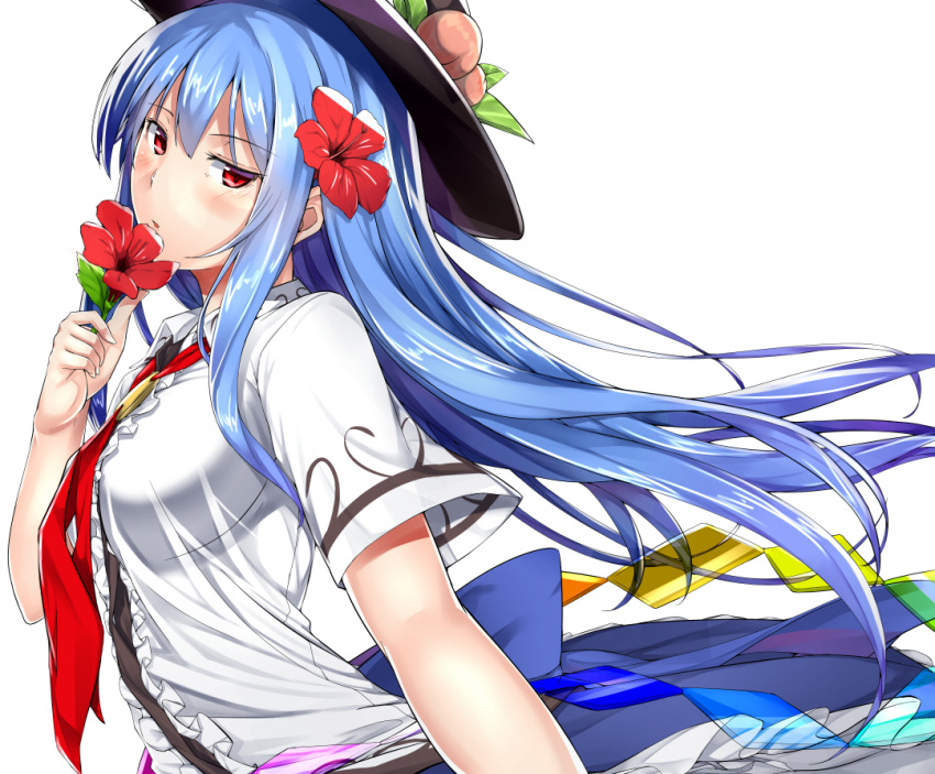 1girl blue_hair blush flower hair_flower hair_ornament hat hinanawi_tenshi holding long_hair looking_at_viewer necktie neropaso red_eyes shirt short_sleeves skirt solo touhou