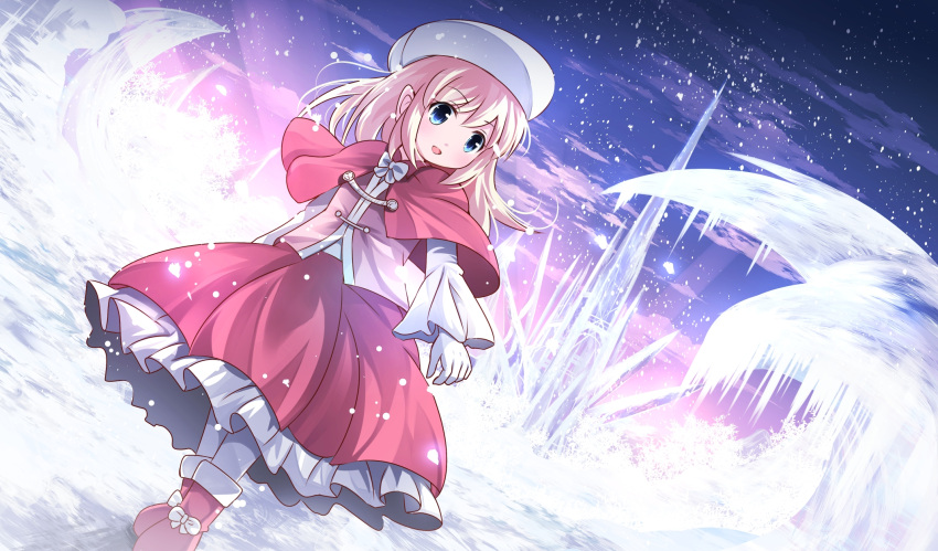 1girl :d blonde_hair blue_eyes boots capelet dutch_angle fur_boots gloves hat highres long_hair open_mouth original pink_boots risutaru smile snow solo white_gloves winter