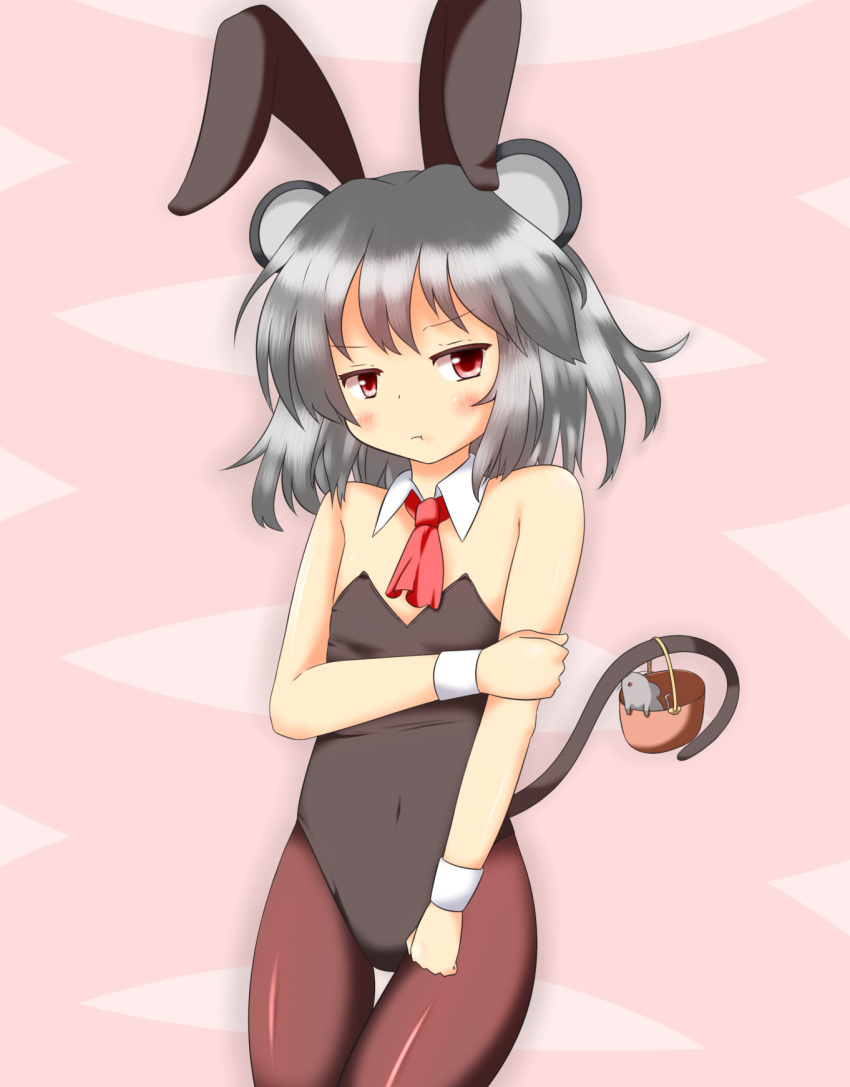 1girl a-ktoo animal_ears bare_shoulders blush bunnysuit covered_navel detached_collar grey_hair highres holding_arm mouse mouse_ears mouse_tail nazrin pantyhose red_eyes short_hair solo tail touhou