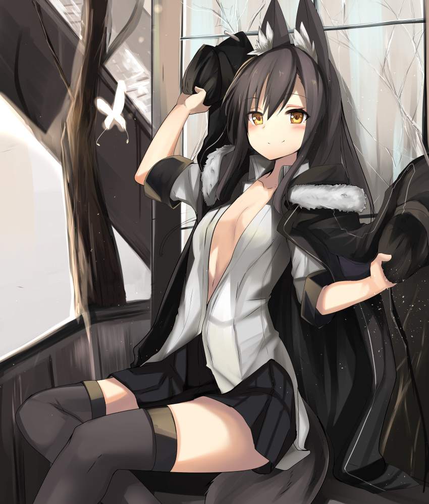 1girl absurdres animal_ears black_hair black_legwear blush brown_eyes collarbone haik highres long_hair looking_at_viewer navel no_bra open_clothes open_shirt original overcoat skirt small_breasts smile solo tail thigh-highs wolf_ears wolf_tail