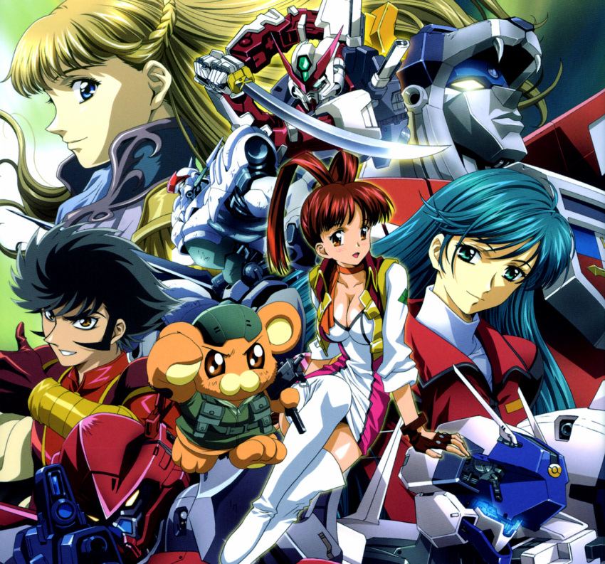 1boy 3girls aestivalis antenna_hair black_hair blonde_hair blue_eyes blush bonta-kun boots breasts brown_hair character_request choker cleavage collarbone detonator_orgun dress epaulettes fingerless_gloves full_metal_panic! gloves golion_(mecha) green_eyes green_hair gun gundam gundam_astray_red_frame gundam_seed gundam_seed_astray gundam_wing_endless_waltz headwear_removed helmet helmet_removed hyakujuu-ou_golion kabuto_kouji katana kawarajima_kou kidou_senkan_nadesico kisaragi_aki long_hair looking_at_viewer mazinkaiser mecha military military_uniform multiple_girls orgun pilot_suit redhead relena_peacecraft scar smile submachine_gun super_robot_wars super_robot_wars_w sword tekkaman_blade thigh-highs thigh_boots thumbs_up uniform utsugi_mikoto valhawk weapon white_boots white_legwear yuusha_ou_gaogaigar yuusha_series