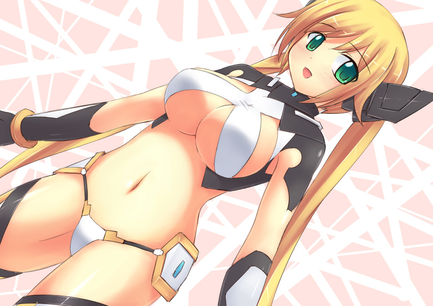 1girl blonde_hair breasts dutch_angle gloves green_eyes long_hair navel ore_twintail_ni_narimasu revealing_clothes smile solo srwsrx_(gp03dsrx) tail_yellow thigh-highs twintails under_boob