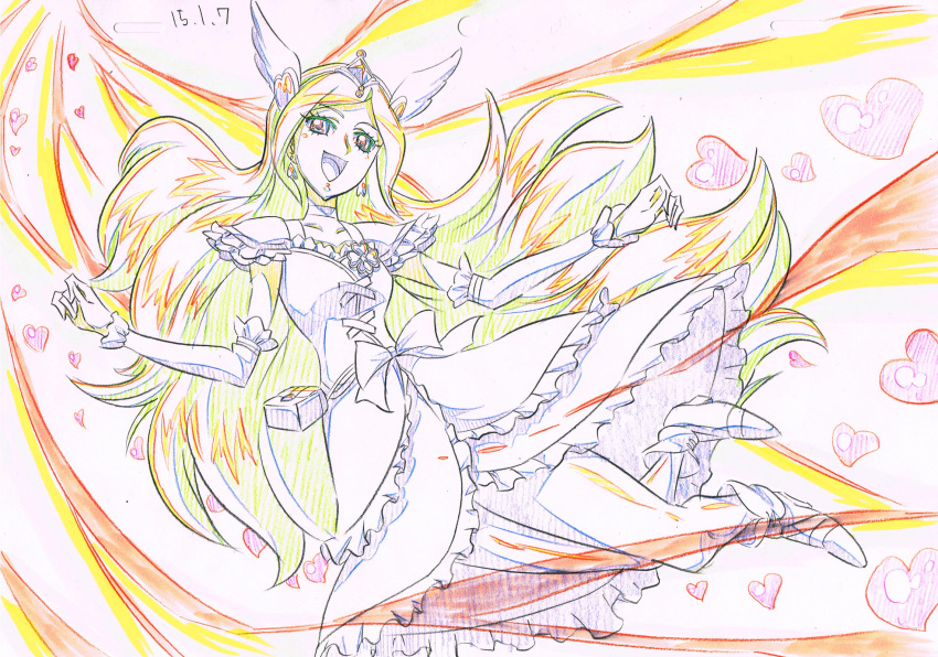 1girl arm_warmers choker color_trace cure_passion dress fresh_precure! frills hair_ornament head_wings heart heart_hair_ornament higashi_setsuna highres long_hair magical_girl open_mouth partially_colored precure ribbon sketch smile solo tiara traditional_media