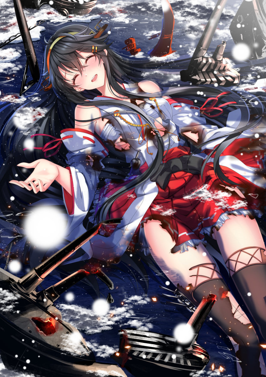 1girl black_hair breasts budget_sarashi burnt_clothes closed_eyes commentary_request cowboy_shot damaged detached_sleeves dutch_angle facing_viewer frilled_skirt frills hair_ornament hairclip haruna_(kantai_collection) headgear highres kantai_collection large_breasts long_hair lying miniskirt nontraditional_miko on_back open_mouth outdoors partially_submerged pleated_skirt ribbon-trimmed_sleeves ribbon_trim sarashi skirt smile solo swordsouls torn_clothes torn_skirt wreckage