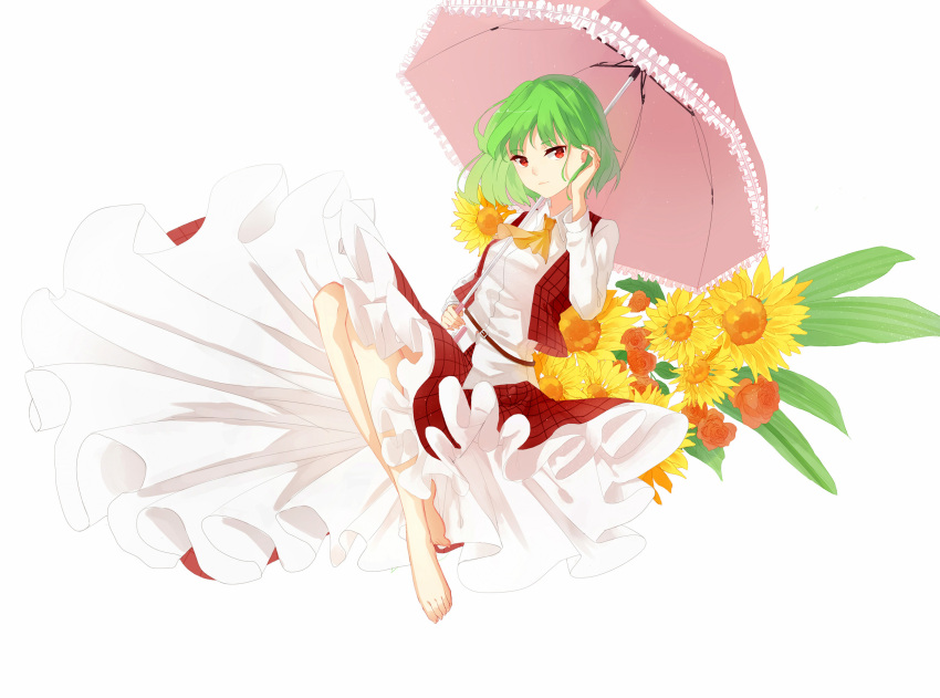 1girl ascot bare_legs barefoot belt breasts collared_shirt ears fingernails floating flower flowing_dress full_body ginryuu green_hair hand_in_hair highres kazami_yuuka knees_together_feet_together light_smile long_sleeves looking_at_viewer parasol plaid plaid_skirt plaid_vest rose short_hair simple_background skirt solo toenails touhou umbrella white_background