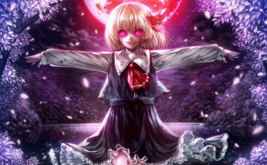 1girl blonde_hair blood blood_on_face blood_on_fingers bloody_clothes glowing glowing_eyes hair_ribbon misaki_(kyal_001) moon open_mouth outdoors outstretched_arms petals pink_eyes red_moon ribbon rumia shirt skirt sleeves_past_wrists solo sparkle spread_arms touhou tree vest water