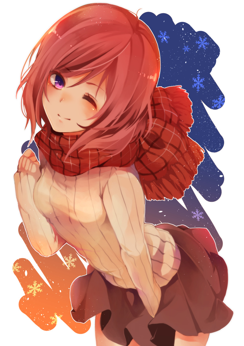 1girl ;) akit_(15jamjam) alternate_costume bangs highres light_smile looking_at_viewer love_live!_school_idol_project nishikino_maki one_eye_closed parted_bangs plaid plaid_scarf redhead ribbed_sweater scarf short_hair skirt skirt_tug smile sweater violet_eyes winter_clothes