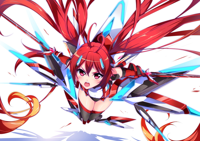 1girl :o black_legwear dual_wielding genderswap gloves gradient_hair hair_ornament highres leotard long_hair looking_at_viewer mecha_musume minamon_(vittel221) mitsuka_souji multicolored_hair open_mouth ore_twintail_ni_narimasu red_eyes redhead serious simple_background solo sword tail_red thigh-highs twintails very_long_hair weapon white_background