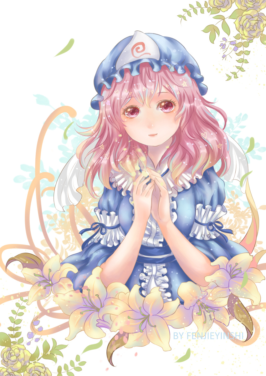 1girl absurdres artist_name breasts fenjieyinshi flower hands_together heart highres japanese_clothes kimono light_smile long_sleeves parted_lips petals pink_eyes pink_hair saigyouji_yuyuko short_hair simple_background solo star symbol_in_eye touhou triangle triangular_headpiece veil white_background