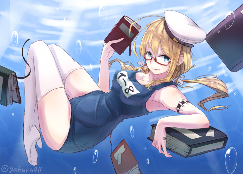1girl blonde_hair blue_eyes book breasts floating glasses hat i-8_(kantai_collection) kantai_collection long_hair looking_at_viewer name_tag peaked_cap red-framed_glasses school_swimsuit semi-rimless_glasses smile solo swimsuit toshi_gahara twintails underwater white_legwear