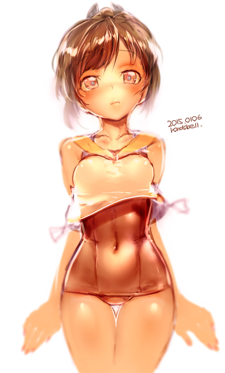 1girl arms_at_sides brown_eyes brown_hair closed_mouth collarbone cowboy_shot highres i-401_(kantai_collection) kantai_collection lips looking_at_viewer name_tag ponytail pov rondo_bell sailor_collar school_swimsuit short_hair simple_background solo swimsuit swimsuit_under_clothes tan