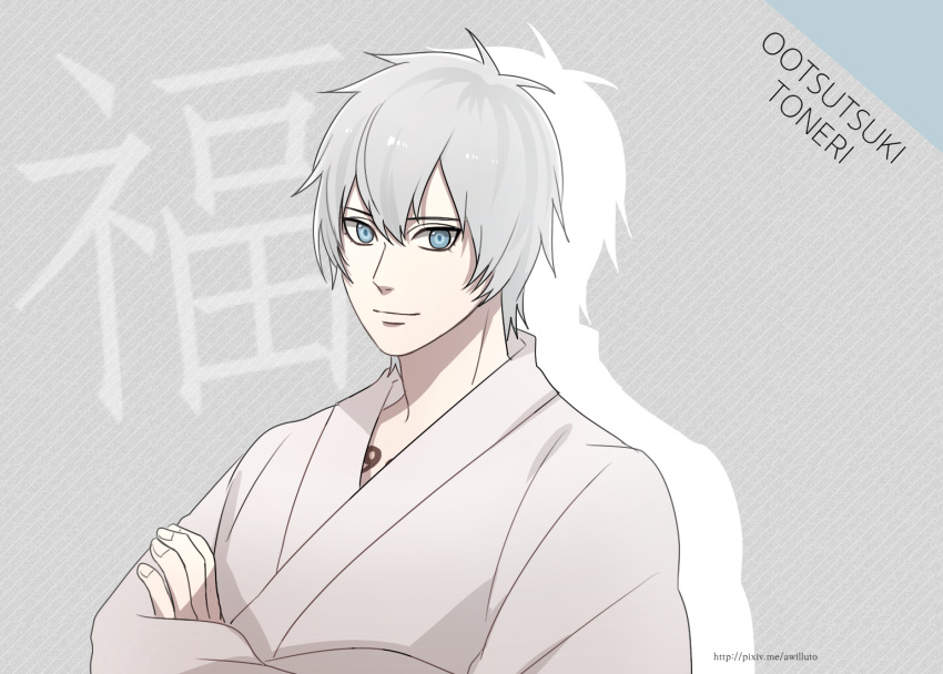 1boy ahri_(will) blue_eyes character_name japanese_clothes kimono naruto naruto:_the_last ootsutsuki_toneri short_hair silver_hair solo yukata