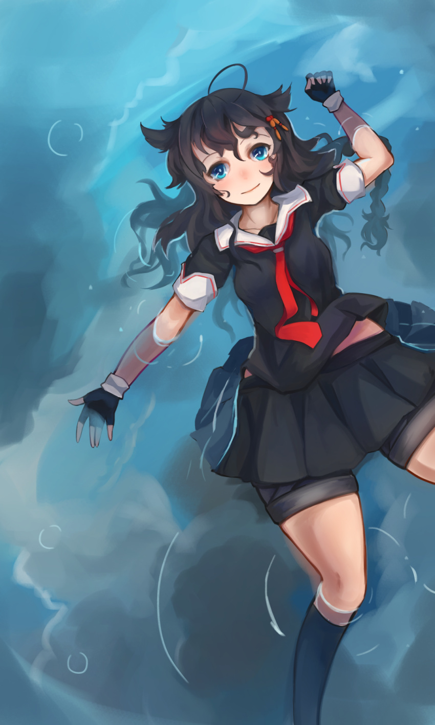 1girl arceonn black_hair blue_eyes fingerless_gloves floating gloves hair_ornament highres kantai_collection long_hair lying on_back partially_submerged school_uniform serafuku shigure_(kantai_collection) shorts_under_skirt skirt small_breasts smile socks solo water wide_hips