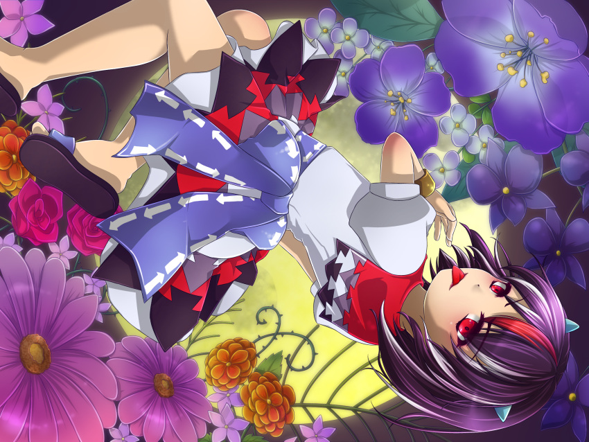 1girl :p black_hair flower flower_request full_moon highres horns kakiikada kijin_seija looking_at_viewer looking_to_the_side moon multicolored_hair puffy_short_sleeves puffy_sleeves red_eyes redhead sandals short_sleeves solo streaked_hair tongue tongue_out touhou upside-down white_hair
