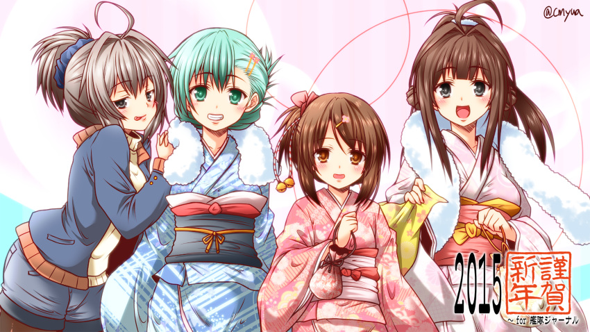 2015 4girls :d ahoge alternate_costume alternate_hairstyle aoba_(kantai_collection) brown_eyes brown_hair casual coat denim denim_shorts folded_ponytail green_eyes green_hair grey_eyes hair_ornament hairclip highres inazuma_(kantai_collection) japanese_clothes kantai_collection kimono kongou_(kantai_collection) looking_at_viewer multiple_girls obi open_mouth ponytail sash shorts smile suzuya_(kantai_collection) tongue tongue_out twitter_username yua_(checkmate)