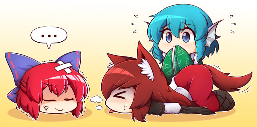 &gt;_&lt; 3girls anger_vein animal_ears bandages blue_eyes blue_hair blush bow brown_hair closed_eyes comic commentary disembodied_head dress hair_bow head_fins imaizumi_kagerou japanese_clothes kimono long_hair long_sleeves mermaid monster_girl multiple_girls redhead sekibanki short_hair simple_background tail tongue tongue_out touhou wakasagihime wolf_ears wolf_tail wool_(miwol)