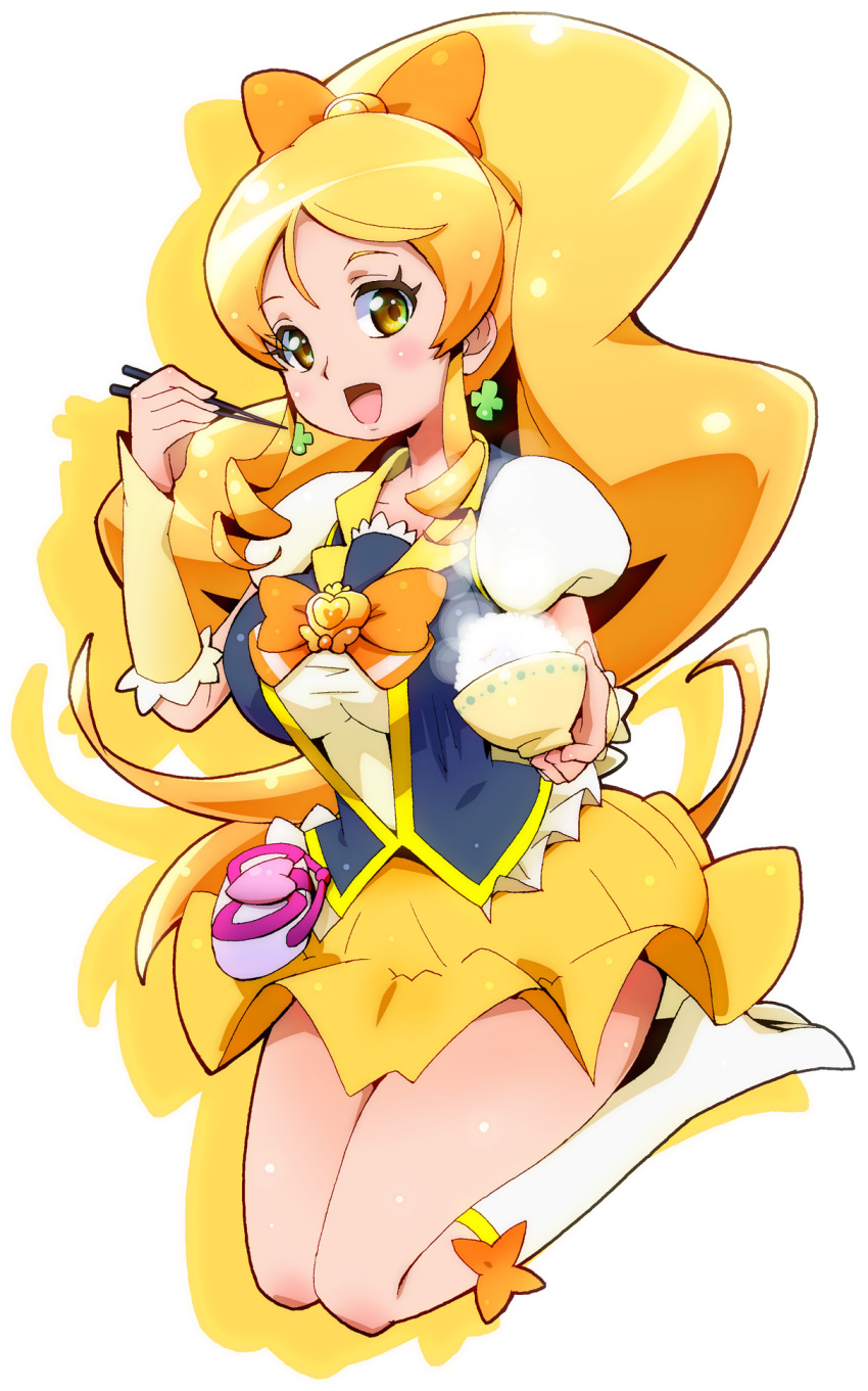 1girl blonde_hair boots bow bowl brooch chopsticks cure_honey earrings green_eyes hair_bow happinesscharge_precure! highres jewelry knee_boots long_hair magical_girl multicolored_eyes oomori_yuuko payot precure rice ryuuta_(cure_ryuuta) skirt smile solo steam white_boots wrist_cuffs yellow_eyes yellow_skirt