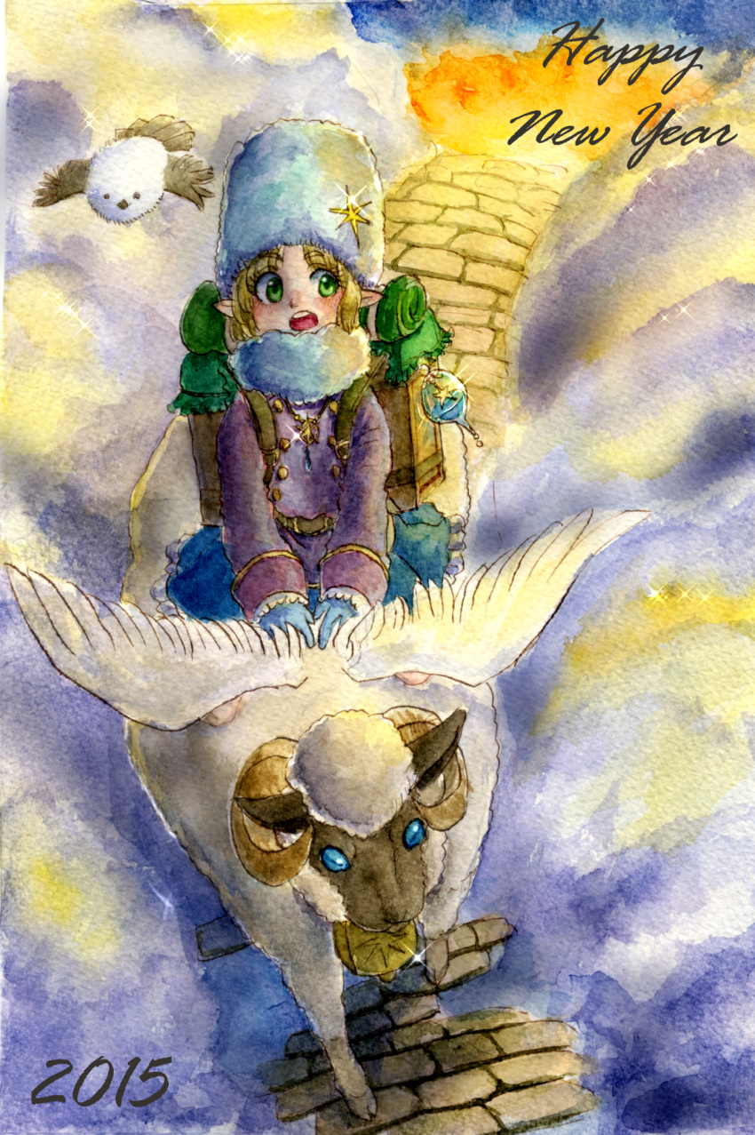 1girl 2015 backpack bag belt bird bird_wings blonde_hair blue_eyes blush brick_floor clouds coat fur_hat gloves green_eyes hat highres horns jewelry long_sleeves necklace new_year open_mouth original ornament piyo_(piyoko528) riding road scarf solo star text traditional_media watercolor_(medium)