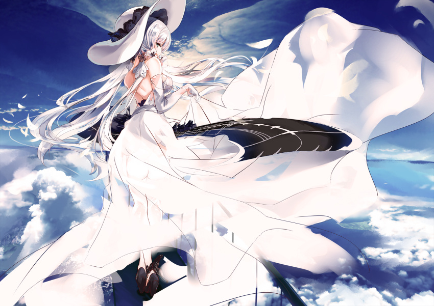 1girl :d ass azur_lane bangs blue_eyes blush breasts day dress elbow_gloves eyebrows_visible_through_hair fallen_heaven flight_deck floating_hair from_behind gloves hair_ornament hair_ribbon hat highres illustrious_(azur_lane) lace_trim large_breasts long_hair looking_at_viewer looking_back mole mole_under_eye open_mouth outdoors ribbon smile solo sun_hat thigh-highs white_dress white_gloves white_hair white_headwear white_legwear wind