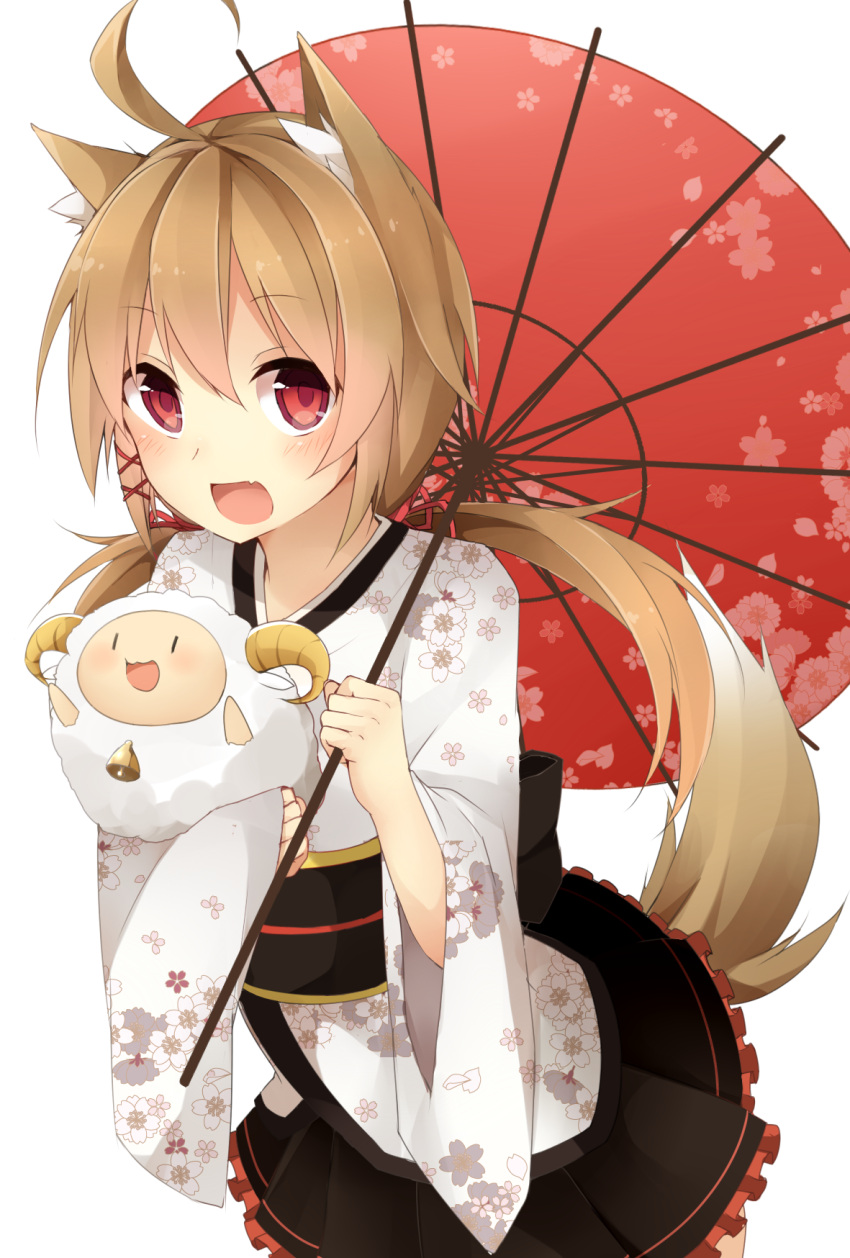 1girl :d animal_ears blush brown_hair cowboy_shot fang fox_ears highres japanese_clothes kimono looking_at_viewer low_twintails nengajou open_mouth oriental_umbrella original red_eyes satou_saya simple_background skirt smile solo stuffed_animal stuffed_sheep stuffed_toy tail twintails umbrella white_background
