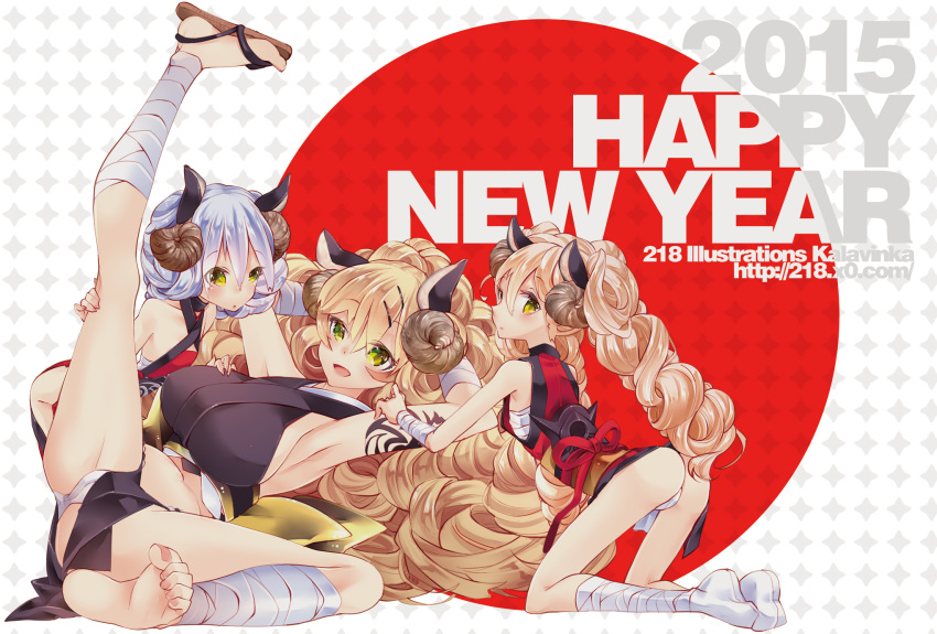 218 3girls animal_ears ankle_wraps armpits ass bandages barefoot blonde_hair breasts green_eyes hair_ornament hairclip highres horns large_breasts leg_lift legs_over_head legs_up long_hair multiple_girls nengajou new_year open_mouth original panties sandals sarashi sheep_ears sheep_horns short_hair silver_hair smile tattoo underwear