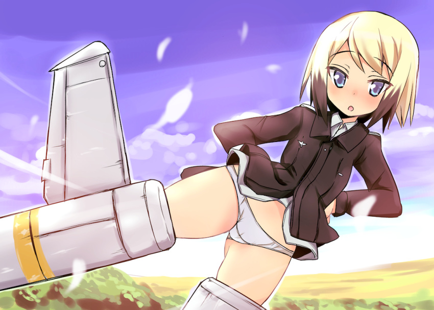 1girl :o blonde_hair blue_eyes bob_cut brown_hair clouds erica_hartmann flying hands_on_hips long_sleeves looking_at_viewer military military_uniform multicolored_hair open_mouth panties short_hair sky solo strike_witches striker_unit two-tone_hair underwear uniform white_panties yuib3_(yuibitch)