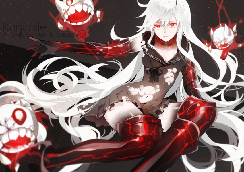 1girl aircraft_carrier_hime arm_support armlet armored_boots black_boots black_dress black_legwear black_skin blurry boots breasts character_name cleavage copyright_name depth_of_field dress kantai_collection kurisu_takumi long_hair looking_at_viewer monster multicolored_skin no_bra pale_skin parted_lips red_eyes sailor_dress shinkaisei-kan short_dress side_ponytail sitting solo thigh-highs thigh_boots torn_clothes torn_dress veins very_long_hair white_hair white_skin