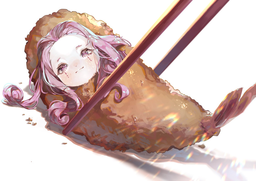 1boy blue_eyes blush chopsticks colored_skin crumbs curly_hair cuso4_suiwabutu fate/grand_order fate_(series) food highres holding holding_chopsticks in_food light_particles light_rays light_smile looking_at_viewer male_focus mephistopheles_(fate) multicolored_eyes pov purple_hair shrimp shrimp_tempura simple_background solo tempura thick_eyebrows violet_eyes white_background white_skin younger