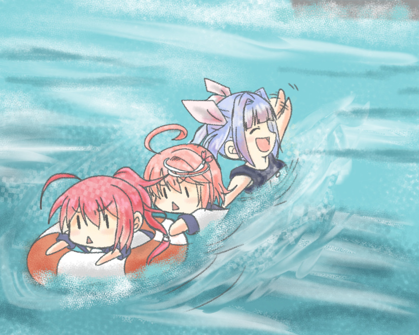 3girls blue_hair closed_eyes commentary hair_ornament hair_ribbon hand_wave i-168_(kantai_collection) i-19_(kantai_collection) i-58_(kantai_collection) innertube kantai_collection long_hair multiple_girls ocean pink_hair ponytail ribbon school_swimsuit short_hair smile swimming swimsuit taisa_(kari) triangle_mouth twintails waving |_|