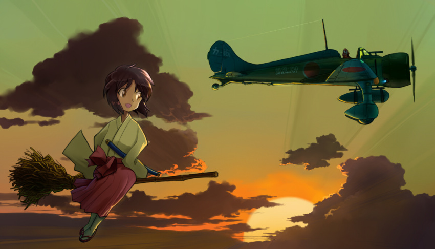 1girl a5m airplane broom broom_riding brown_eyes brown_hair clouds commentary flying hakama inui_(jt1116) japanese_clothes katana light_rays looking_down new_year open_mouth original pilot sandals short_hair sky smile sun sunrise sword weapon world_war_ii