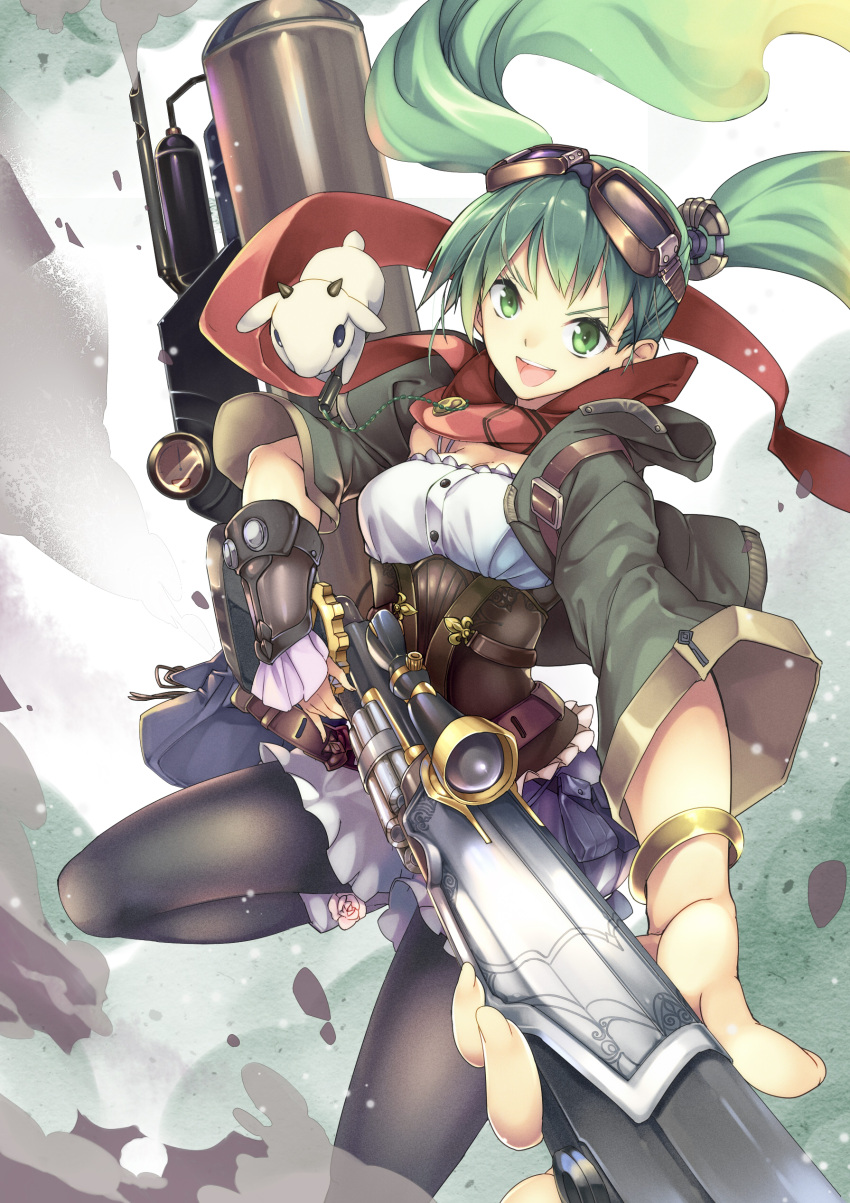 &gt;:d 1girl :d absurdres black_legwear bracelet corset foreshortening goggles goggles_on_head green_eyes green_hair gun highres jewelry long_hair open_mouth original pantyhose rifle scarf scope sinchi smile solo twintails weapon