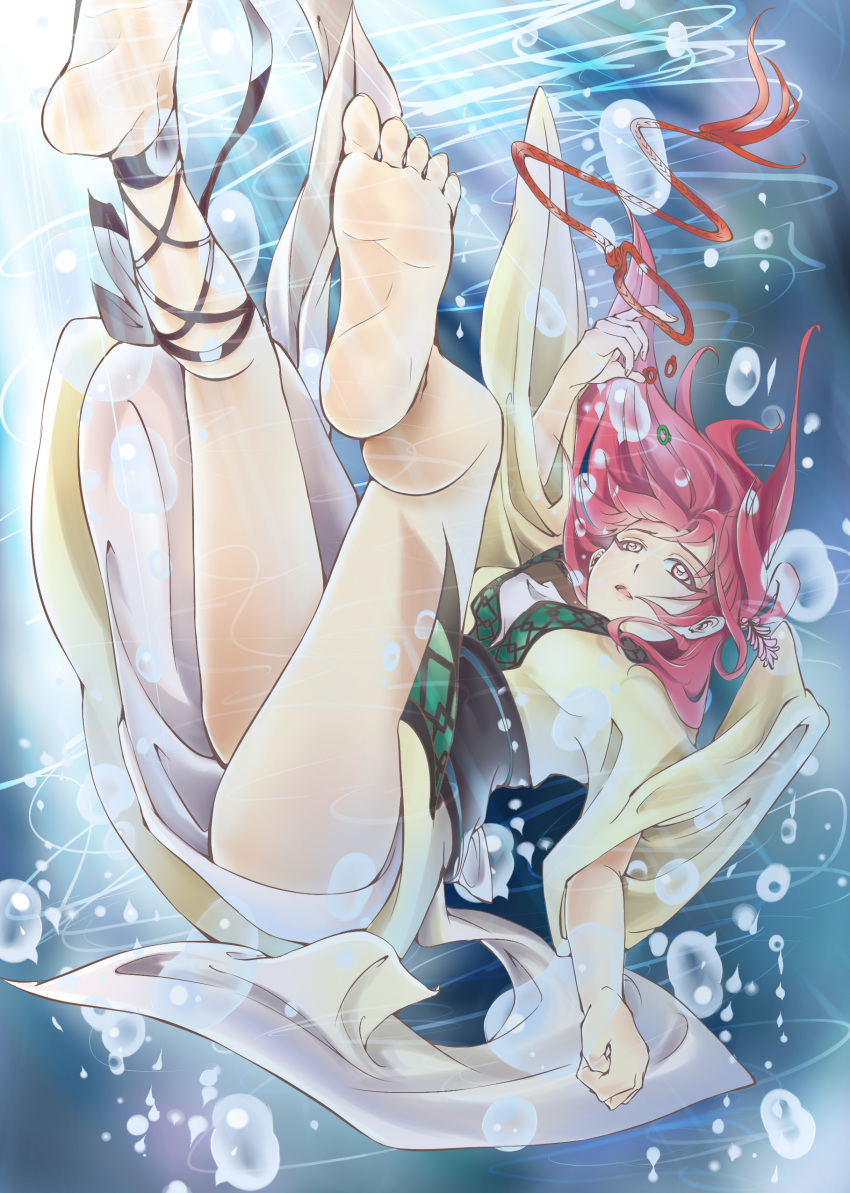 1girl absurdres air_bubble ankle_lace-up asphyxiation barefoot bubble cross-laced_footwear dress drowning feet hair_ornament highres jewelry magi_the_labyrinth_of_magic morgiana ring rope soles solo traditional_dress underwater