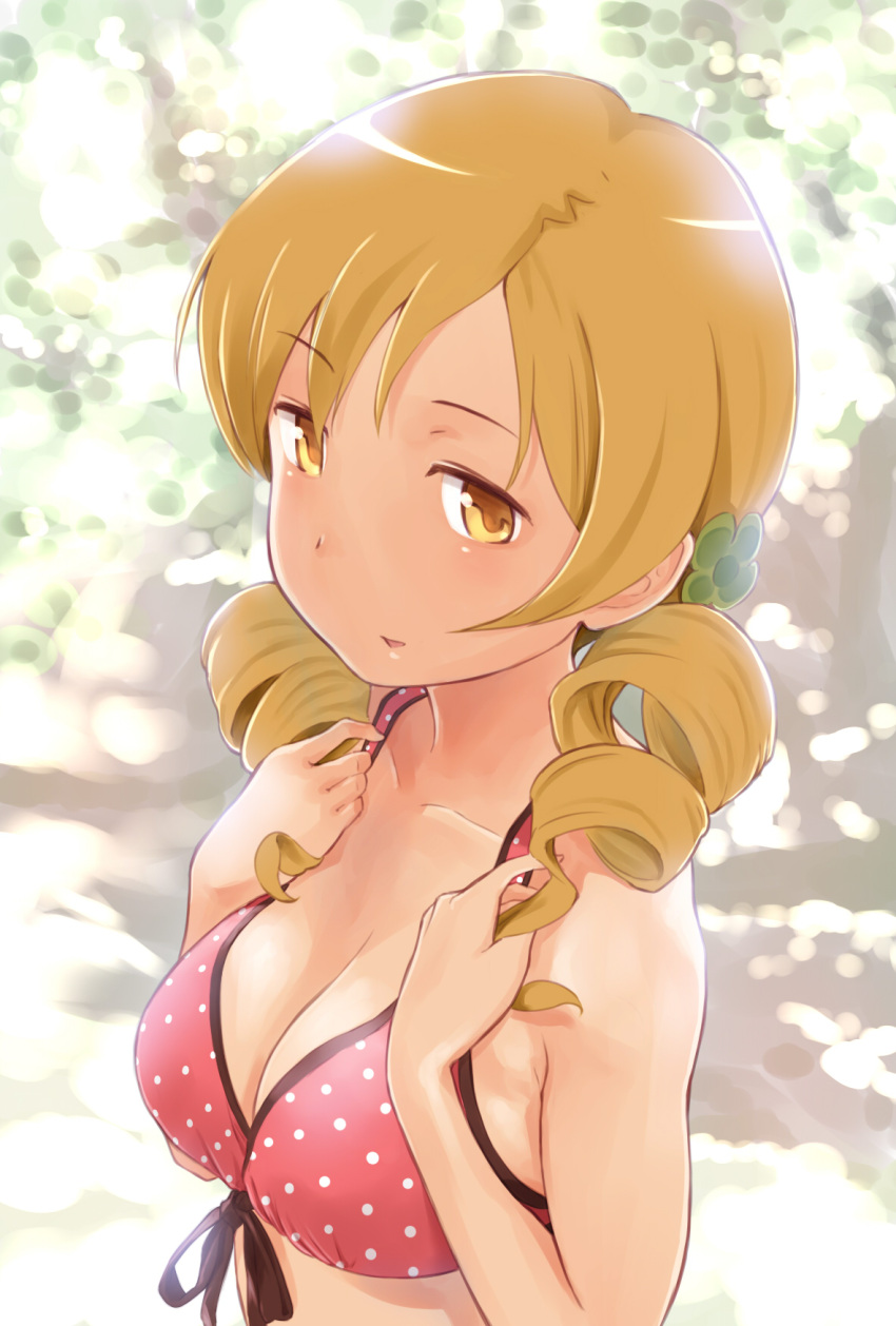 1girl bikini blonde_hair breasts bust cleavage drill_hair front-tie_top hair_ornament highres large_breasts looking_at_viewer mahou_shoujo_madoka_magica open_mouth polka_dot polka_dot_bikini polka_dot_swimsuit solo swimsuit tomoe_mami twin_drills twintails wa_(genryusui) yellow_eyes