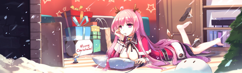 1girl antlers box breasts chin_rest christmas computer_mouse crimson_k_night gift gift_box hair_in_mouth long_hair lying merry_christmas on_stomach original pillow pink_eyes pink_hair reindeer_antlers slippers snowing solo star very_long_hair