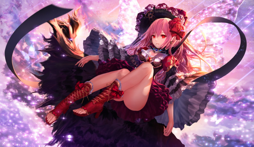 1girl boots butterfly_wings choker clouds cross-laced_footwear dress earrings fantasy flower flying hair_flower hair_ornament headdress high_heels jewelry jname lace-up_boots legs long_hair looking_at_viewer original pink_hair red_boots red_eyes ribbon sky smile solo thighs toeless_boots wings