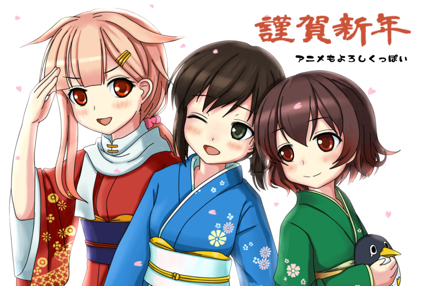 3girls :d alternate_costume brown_hair failure_penguin fubuki_(kantai_collection) green_eyes hair_flaps hair_ornament hairclip highres japanese_clothes kantai_collection karuna_(madlax) kimono long_hair multiple_girls mutsuki_(kantai_collection) nengajou new_year one_eye_closed open_mouth pink_hair ponytail red_eyes salute scarf short_hair short_ponytail smile white_scarf yuudachi_(kantai_collection)