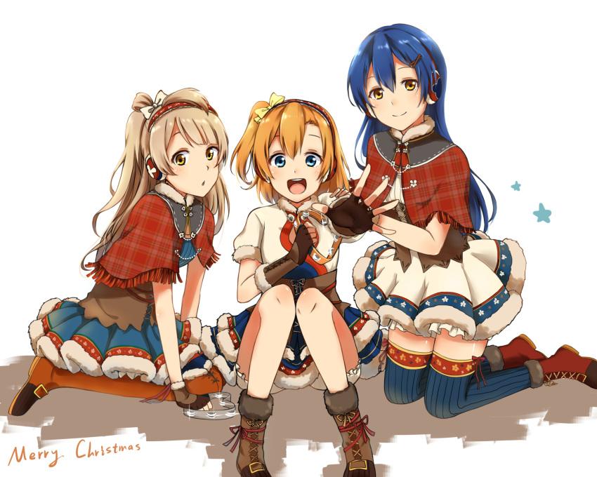 3girls :d ankle_boots blue_eyes blue_hair boots bow brown_boots brown_eyes brown_hair earmuffs fur_boots hair_bow highres instrument knee_boots kousaka_honoka looking_at_viewer love_live! love_live!_school_idol_project merry_christmas minami_kotori multiple_girls one_side_up open_mouth orange_hair rankaku side_ponytail smile sonoda_umi tagme tambourine thigh-highs winter_clothes yellow_eyes