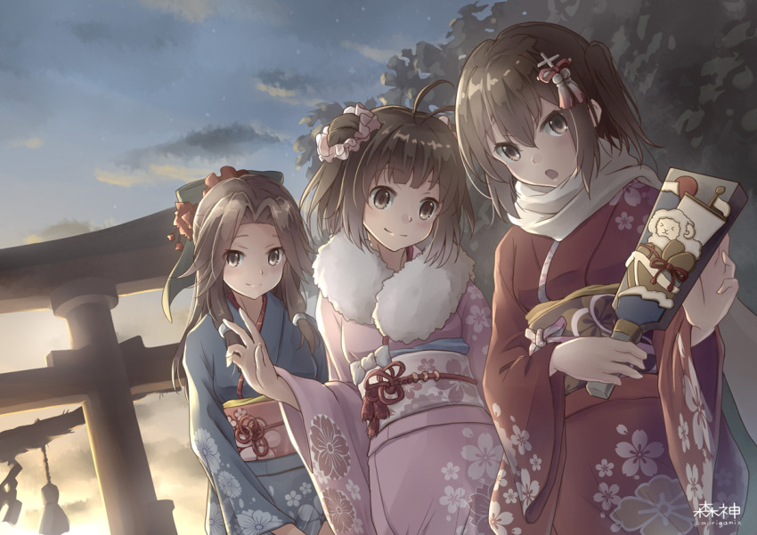 3girls alternate_costume artist_name brown_eyes brown_hair d-style_wed hagoita hair_ornament japanese_clothes jintsuu_(kantai_collection) kantai_collection kimono multiple_girls naka_(kantai_collection) new_year paddle scarf sendai_(kantai_collection) shrine torii twilight twintails