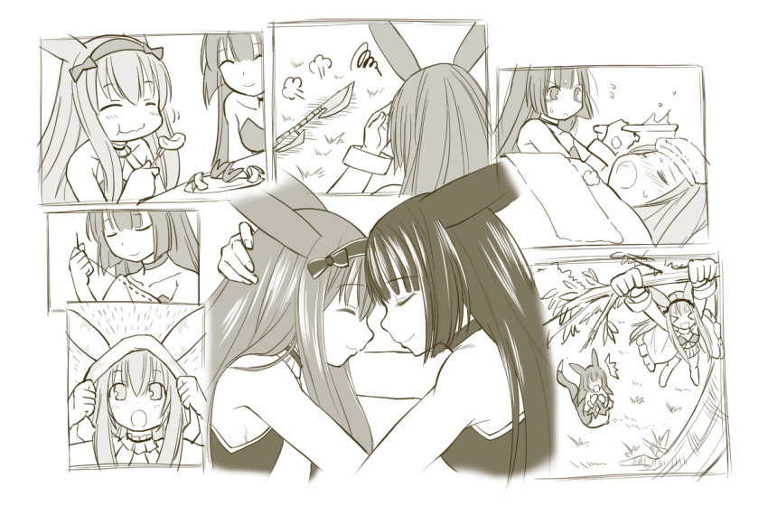 2girls ^_^ animal_ears animal_hood choker closed_eyes collage comic copyright_request eating food forehead-to-forehead fork greyscale hairband hood kasuga_yukihito lamia long_hair monochrome monster_girl multiple_girls sewing sick silent_comic smile towel towel_on_head yuri